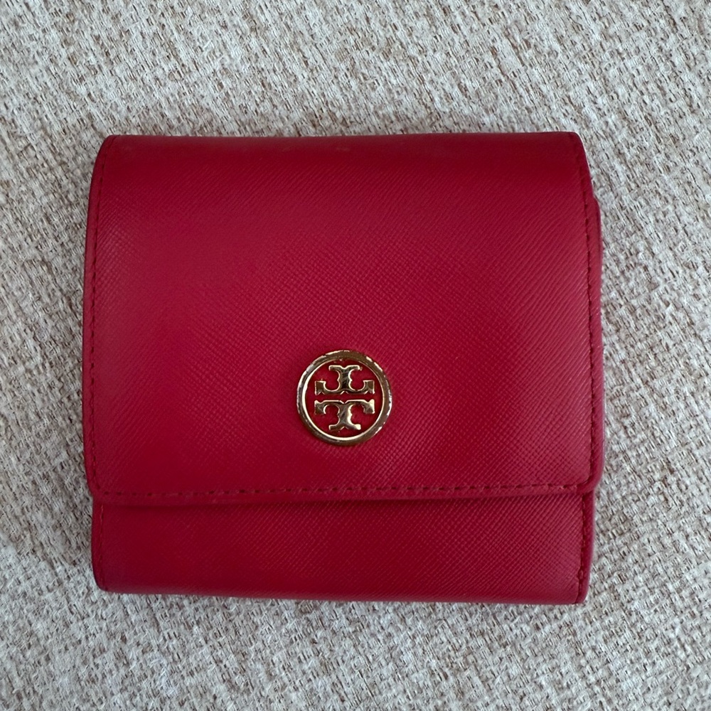 Tory Burch Bold Red Wallet with Gold Logo